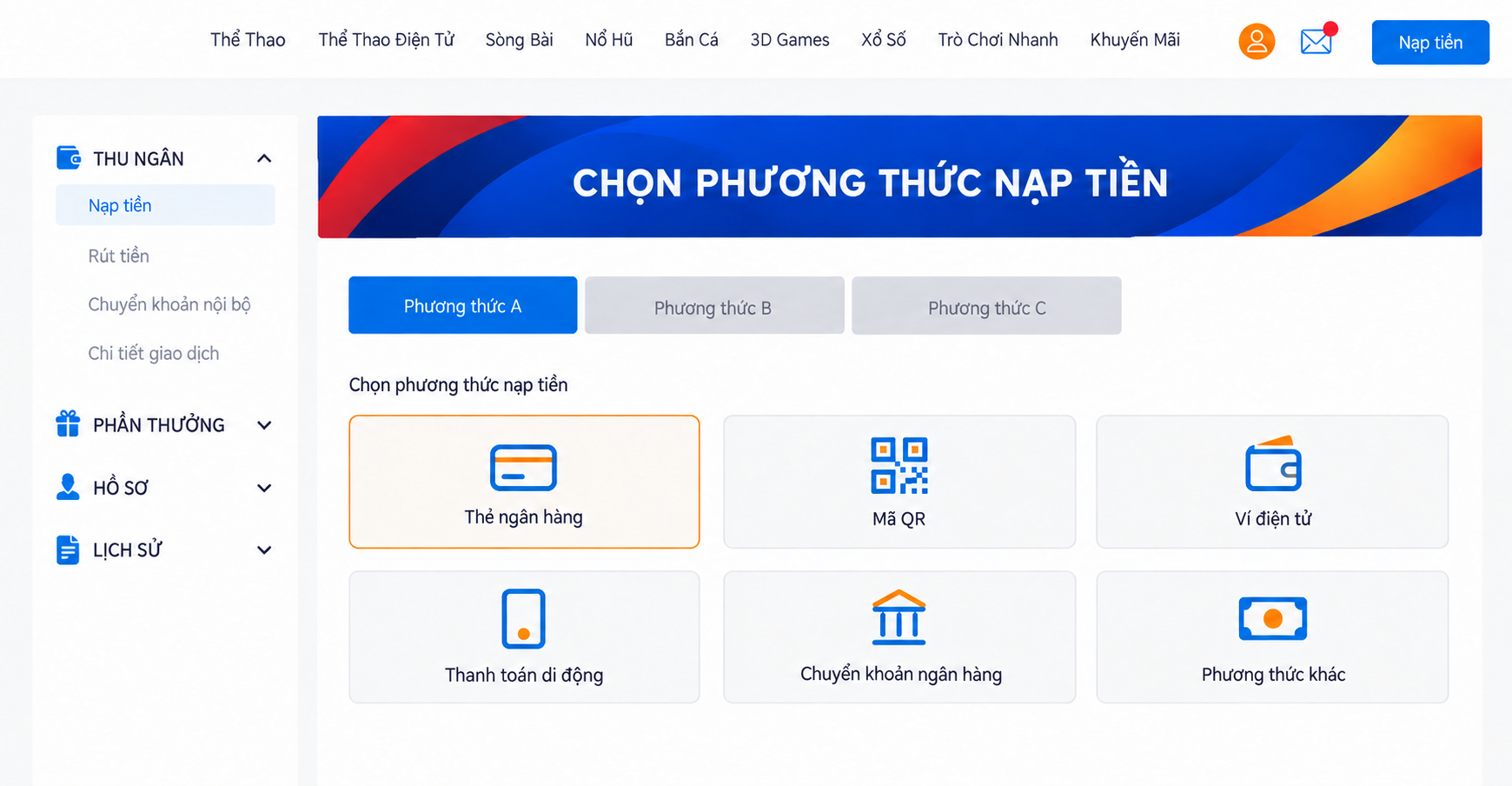 Màn hình chọn phương thức nạp tiền PBV88 trên mobile